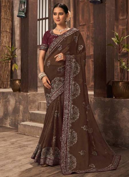 Brown Colour Tyohar Kavira New Latest Designer Ethnic Wear Gold Zari Organza Saree Collection 6007